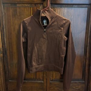 Brown Quarter-Zip Ribbed Sweater